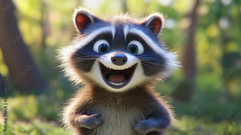 Obraz premium Cartoon raccoon with wide open smile in a forest setting.