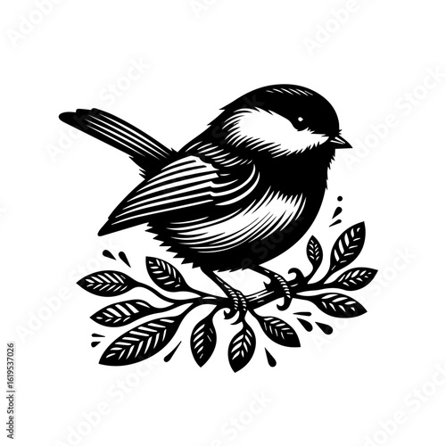 Black and White Chickadee Perched on Branch.
