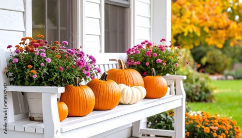 Autumnal porch display with pumpkins and mums (2)