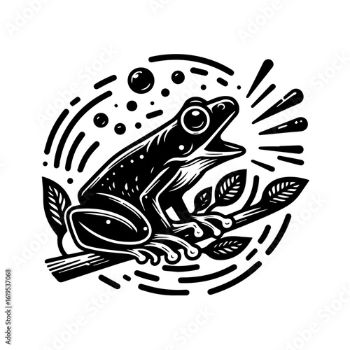 Black and White Frog Illustration on Branch.