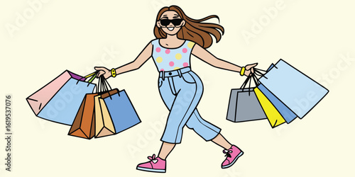 Happy woman with many shopping bags walking with a smile and sunglasses