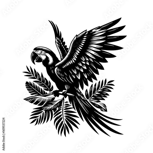 Black and White Macaw Parrot with Tropical Leaves.