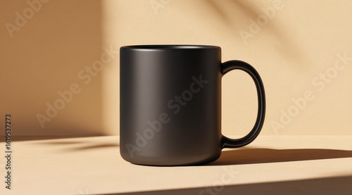 A matte black coffee mug sits on a light beige surface, subtly lit by soft sunlight casting shadows.  The mug is cylindrical with a simple, curved handle