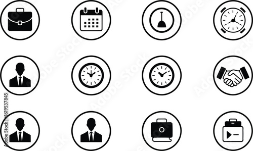 A set of twelve black and white business icons arranged on a light gray surface