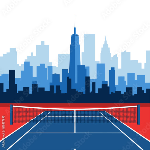 A tennis court with a net is set against a stylized blue skyline of New York City.