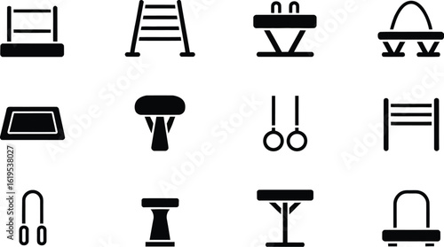 A collection of black silhouette icons depicting various gymnastic equipment items