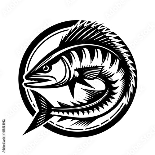 Fierce Barracuda Fish Emblem in Black and White.