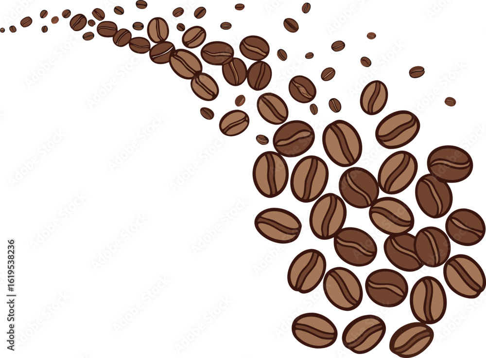 Obraz premium Scattered coffee beans flowing across a white background brown