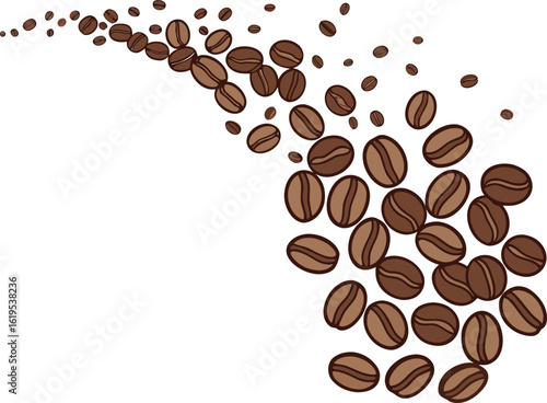 Scattered coffee beans flowing across a white background brown