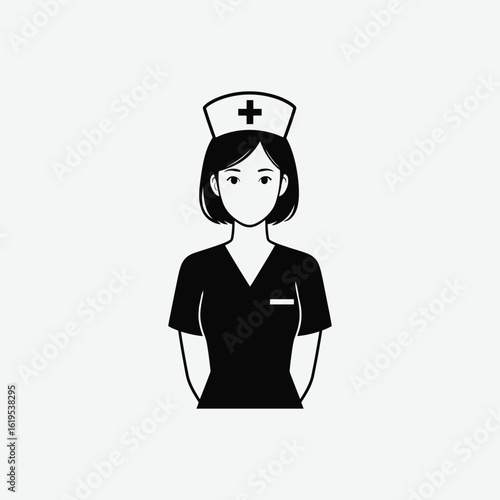 Simple black and white nurse icon: young woman in scrubs and cap, minimalistic medical symbol, centered and professional profile silhouette.
