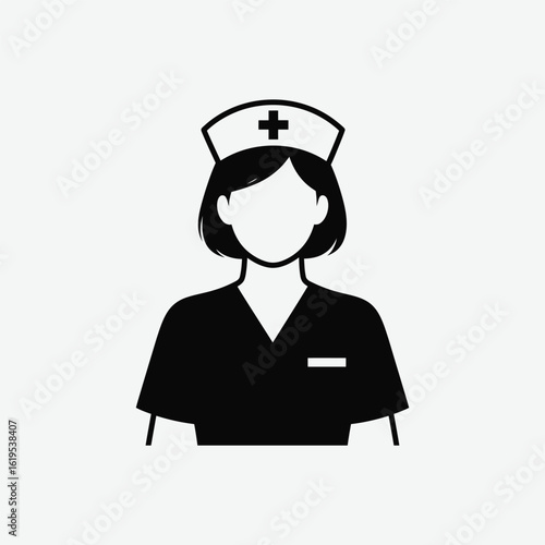 Simple black and white nurse icon: young woman in scrubs and cap, minimalistic medical symbol, centered and professional profile silhouette.