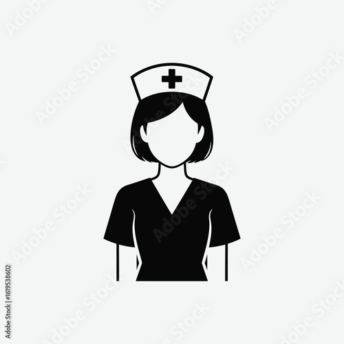 Simple black and white nurse icon: young woman in scrubs and cap, minimalistic medical symbol, centered and professional profile silhouette.