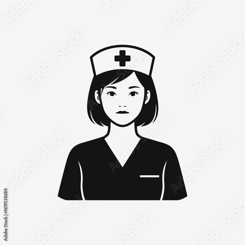 Simple black and white nurse icon: young woman in scrubs and cap, minimalistic medical symbol, centered and professional profile silhouette.