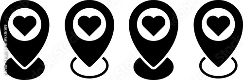 Heart location icon set. romantic destination symbols. travelers and locals alike. Heart Inside Navigation Pin Symbol. human relationships sign

