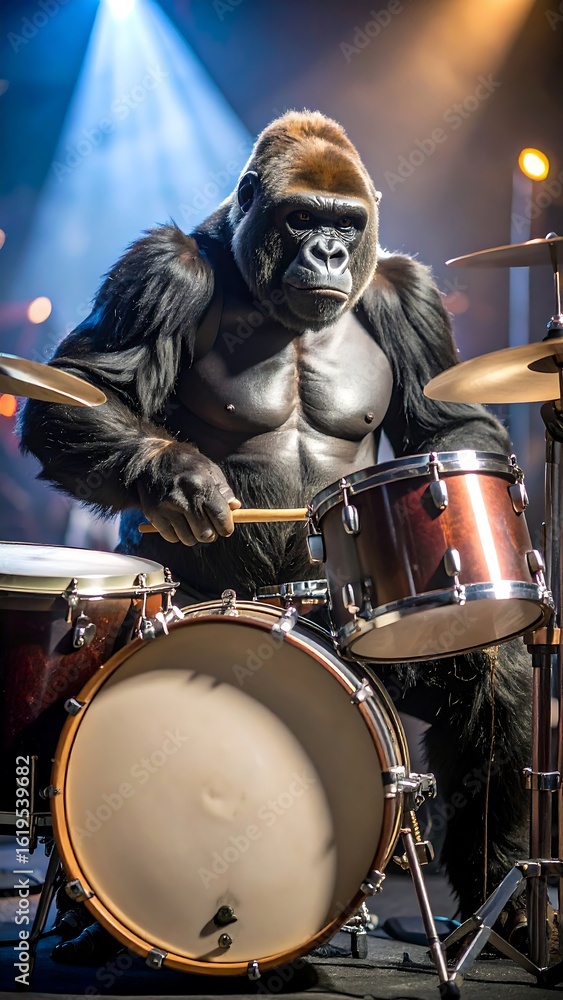 Naklejka premium Gorilla drumming on stage
