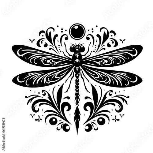 Ornate Black Dragonfly with Swirling Decorative Elements.