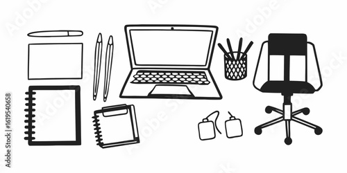 A workspace with a laptop, notebook, pencils, pen, chair, and other office supplies in black and white