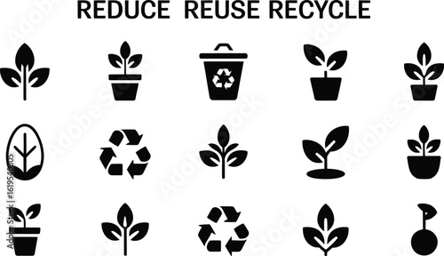 A collection of black icons depicting reduce reuse recycle and plant growth stages