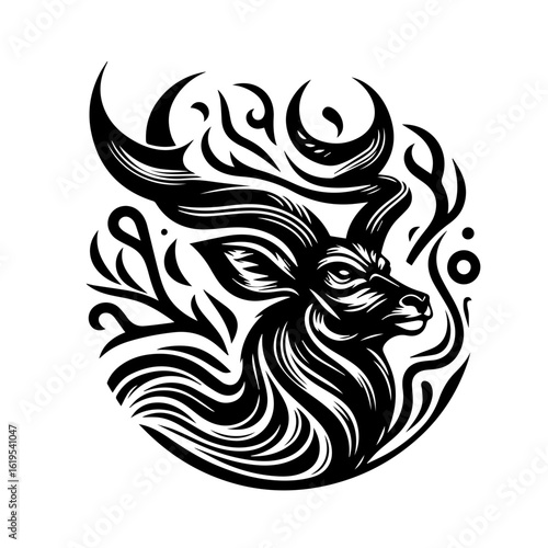 Stylized Black and White Deer Head with Ornate Antlers.