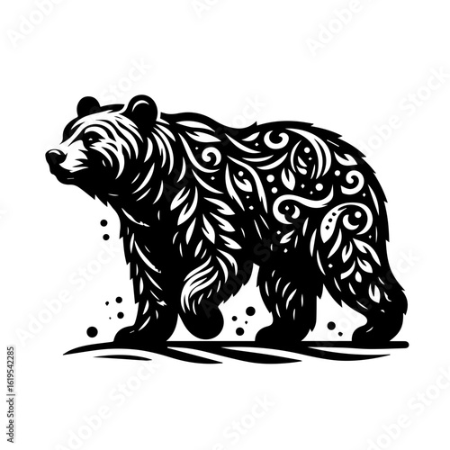 Stylized Black Bear with Ornate Floral Patterns.