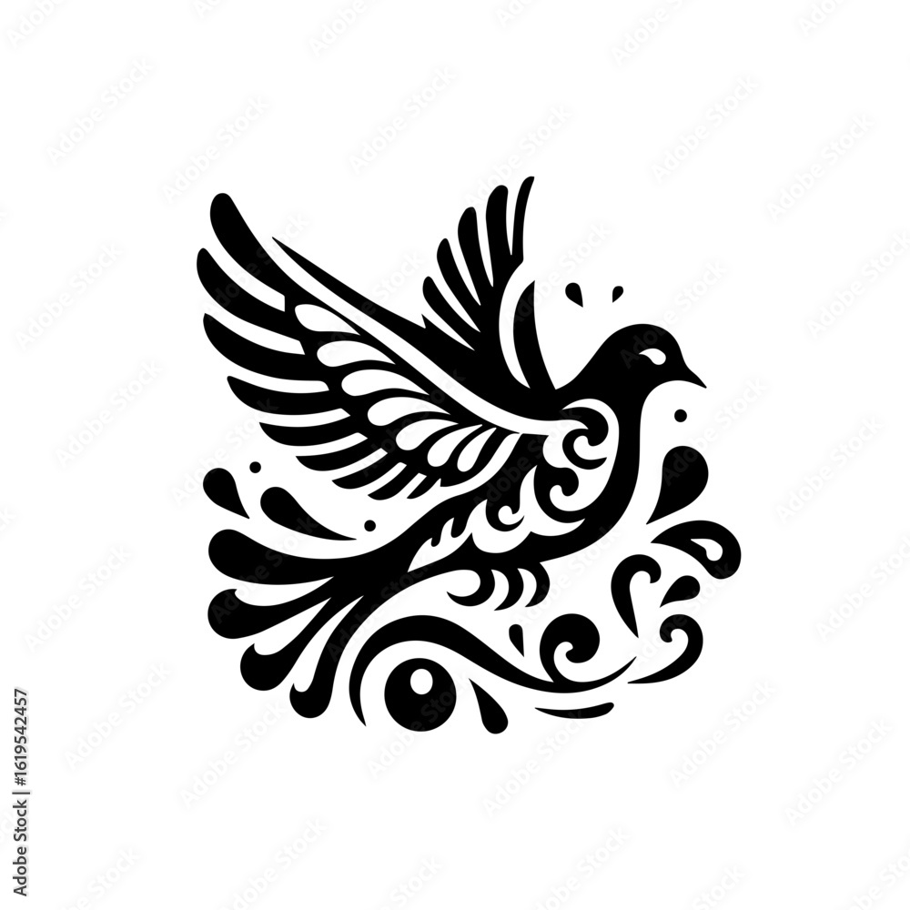 Obraz premium Stylized Black Bird with Ornate Swirls and Drops.