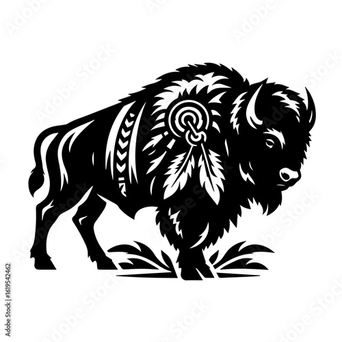 Stylized Black Bison with Native American Headdress and Feathers.