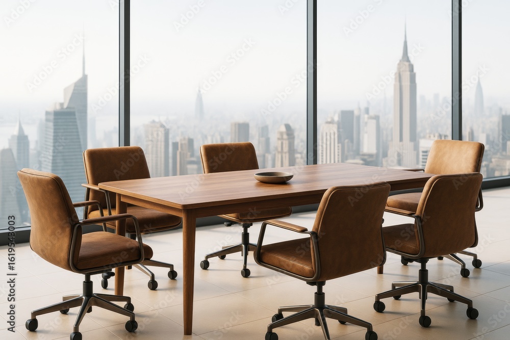 Fototapeta premium Modern business meeting room with wooden table and leather chairs in high-rise office with panoramic city view in soft daylight atmosphere.