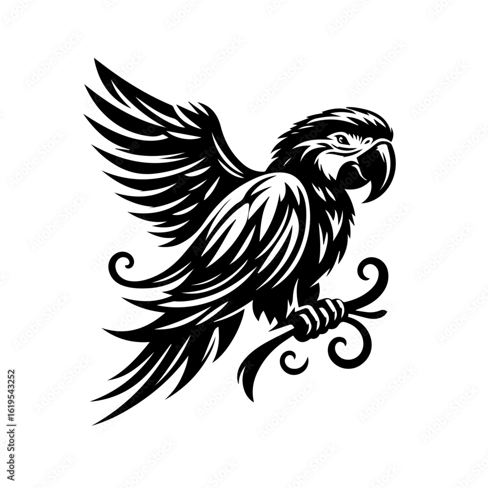 Fototapeta premium Stylized Black Macaw Parrot Perched on Branch.