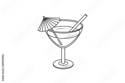 Simple Line Drawing of a Cocktail Glass with a Straw and Umbrella Perfect for Coloring Books or Minimalist Design Projects Isolated on White Background