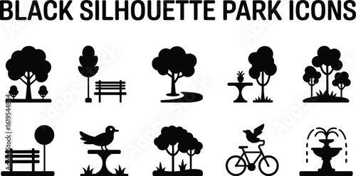 A collection of black silhouette park icons featuring trees, benches, and fountain