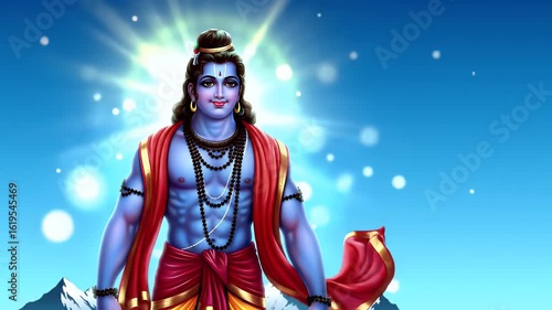 Artistic animation of Lord Ram standing on mountain peak with spiritual aura, blue sky gradient with floating sparkles