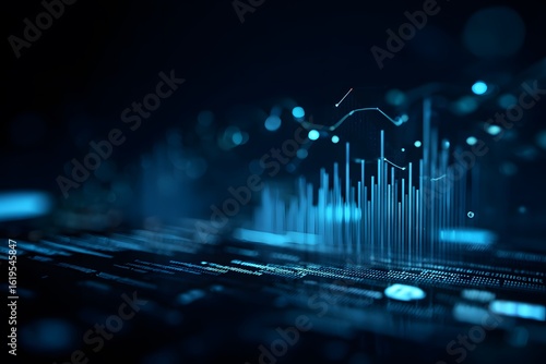 A dark blue background with glowing data visualization graphics of graphs and charts. The focus is on the holographic appearance of digital bar graphs,