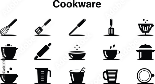 Illustration of various black and white cookware icons on a white background