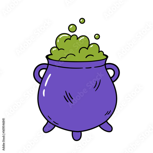 Bright purple cauldron with bubbling green potion. Hand drawn vector illustration.