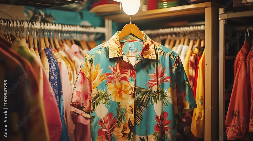 Fototapeta premium Vibrant floral shirt hanging in closet for tropical vacation style inspiration and summer fashion trends