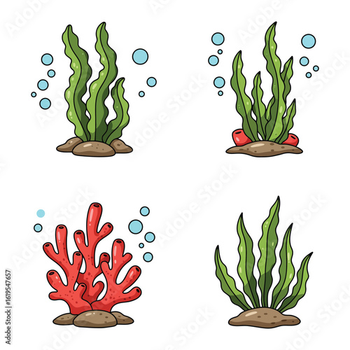 Cartoon Seaweed and Coral Seamless Pattern on White Background for Kids