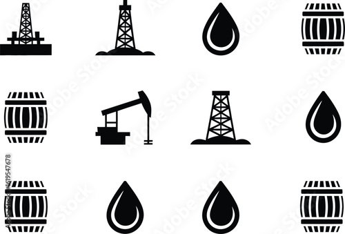 Illustration showing oil derricks, pump jacks, oil drops, and barrels in black color