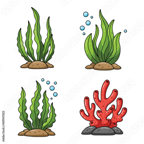 Cartoon Seaweed and Coral Illustration with Bubbles on White Background
