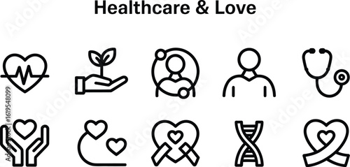 A collection of healthcare related icons including hearts, dna, and stethoscope
