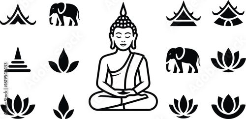 A collection of black and white vector illustrations featuring buddha and thai symbols