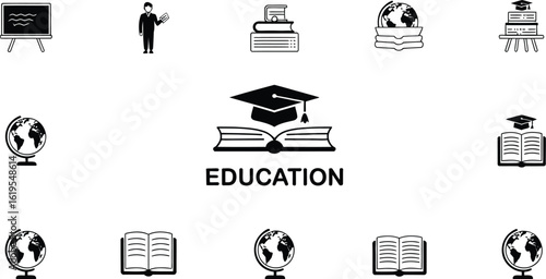 Education themed icons arranged on a light background with the word education