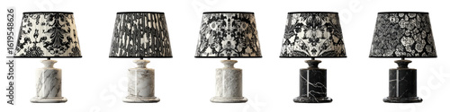 Five table lamps with patterned shades