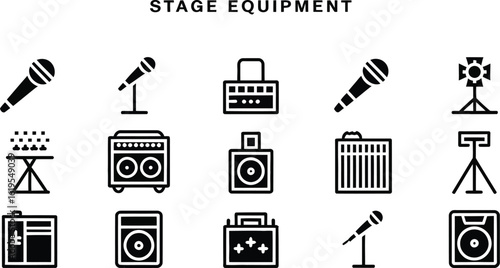 Illustration of various stage equipment icons arranged on a light background