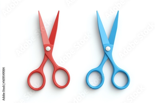 Two colorful scissors, red and blue, isolated on white