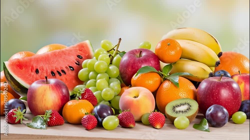 Variety of fresh, succulent fruits arranged in an artful display, highlighting their colors, textures, and the overall abundance of nature’s harvest.