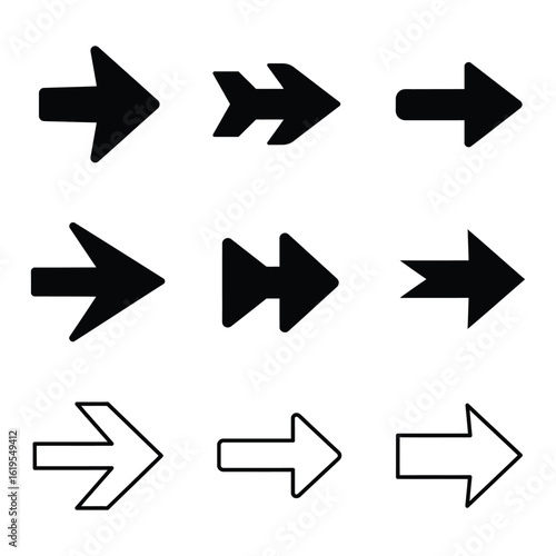 Set of nine different black and white arrow icons pointing right direction