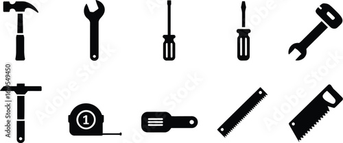 Isolated black silhouette icons of various hand tools on a light gray background