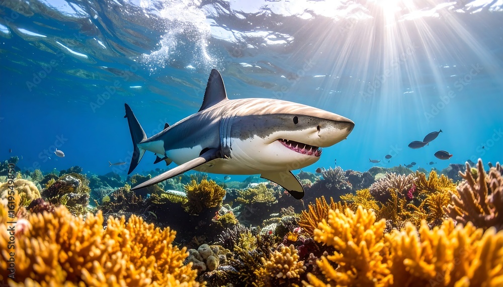 custom made wallpaper toronto digitalGreat shark swimming over vibrant coral reef in sunlit ocean