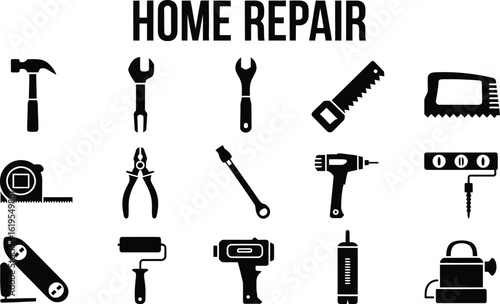 Black and white illustration of various home repair tools on a white background