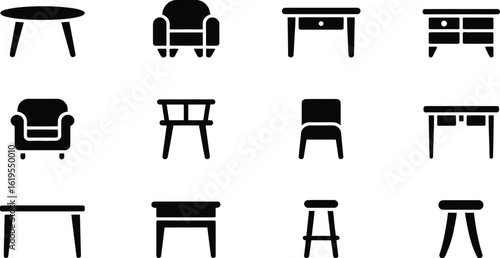 A collection of furniture icons featuring tables chairs armchairs and stools set flat